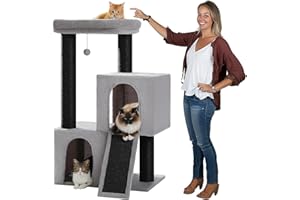 PETEPELA Grande tiragraffi spessore 11 cm tronchi con doppia grotta estremamente grande, completamente rivestito in sisal, adatto per gatti di grandi dimensioni, 114 cm, colore: nero/grigio