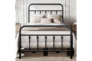Yaheetech 3ft Single Bed Frame Vintage Iron Platform Bed with High Headboard and Footboard, Strong Metal-Framed Bed with Storage Black