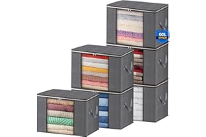 AIOR 6pcs Bolsa de Almacenamiento de Ropa Plegable, 60L Grandes Cajas de Almacenaje Ropa con Mango Reforzado, No-Tejida Organizador Guardar para Edredones Mantas, 55x35x32cm