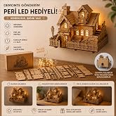 AlgWoodDesign Ahşap Ev Maketi 82 Par&ccedil;a &ndash; Peri LED'li DIY Duvara Asılabilir Ev Modeli Işıklı Dekor