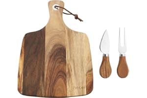 hecef Plateau à Fromage (Trois Pièces), Plateau à Fromage & Couteau à Fromage & Fourchette à Fromage en Bois d’Acacia, Plateau à Fromage en Bois,Cadeau Parfait pour Noël