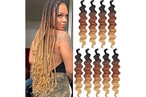 Samtress 9 Packs 3 Tone Pre-Feathered Braiding Hair 24 Inch Ombre Brown Body Wave Braiding Hair Boho Box Braids Extensions French Curl Wavy Crochet Braids for Women (#1B/30/27)