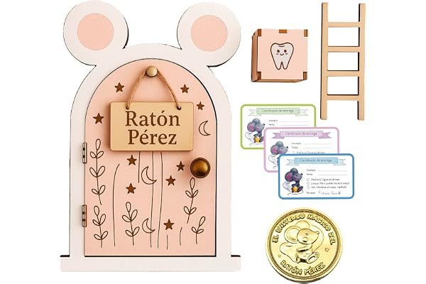 Zaldun Puerta Ratoncito Pérez de Madera – Casita Mágica con Puerta Que se Abre, Cajita para Dientes, Escalera, Certificados y Moneda – Regalo Infantil