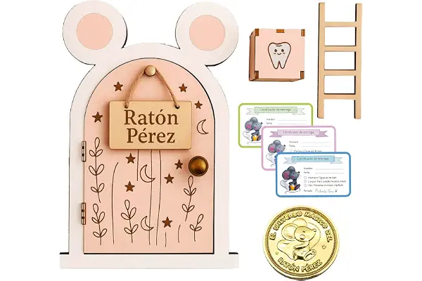 Zaldun Puerta Ratoncito Pérez de Madera – Casita Mágica con Puerta Que se Abre, Cajita para Dientes, Escalera, Certificados y Moneda – Regalo Infantil