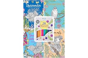 BG Colour Therapy Anti-Stress Adult Colouring Books Set of 4 + 20 Premium Colouring Pencils - Choose Your Set (Set 2)
