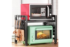 Kitstorack Verstellbares Mikrowellen-Regal, Mikrowellen-Ständer, strapazierfähig, 2-stöckiges Regal mit Schneidebrettern, Ständer für Küchenregale, Theken-Organizer, hält 81,6 kg, 9 Haken