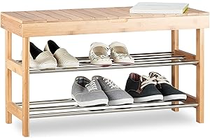 Relaxdays Ławka do przechowywania butów, bambusowy stojak na buty na 6 par, siedzisko ze schowkiem HWD: 43 x 74 x 30 cm, naturalna