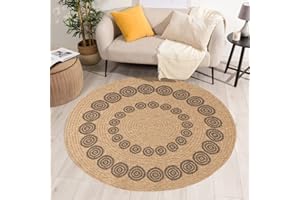 NAZAR Tapis Nature, Tapis Naturel Boheme, Tapis Aspect Jute, Tapis Salon, Chambre, Couloirs, Tapis ExtRieur, Couleur Naturelle (160x160 cm Round, 8868 Noir)