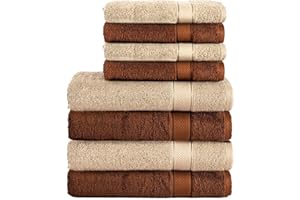 Komfortec Lot de 8 Serviettes 100% Coton 470 g/m², 4 Serviette de Bain 70x140 cm et 4 Essuie-Mains 50x100 cm, éponge Douce, Grande Taille, Marron/Beige