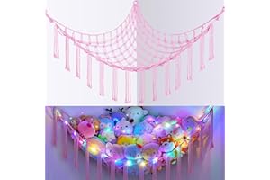 EllaSeek Toy Hammock for Stuffed Animals Large Soft Toy Storage Organizer with LED Lights, Corner Hanging Net Soft Cuddly Holder for Kids Girls Preppy Room Bedroom Nursery Playroom Decor