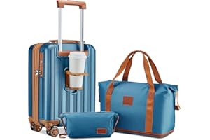 Joyway Set di 3 Valigie ABS Valigia Bagaglio a Mano Set di Valigie Espandibile con Serratura TSA 4 Ruote Girevoli, Blu Scuro Marrone