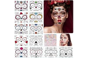 LGZIN Tatouage Temporaire du Visage, Tatouages Temporaires de Jour des Morts, 12 Trousses Tatouages Temporaires, 1 Autocollant Diamant, Crâne Mort Tatouages éphémères Autocollant pour Halloween Maquillage