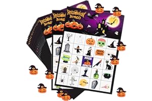 RUNMEIHE Happy Halloween Bingo Midnight Edition Cartes de bingo d'Halloween pour 24 joueurs avec jetons autocollants pour l'école, la salle de classe, les activités familiales, les jeux de fête d'Halloween,