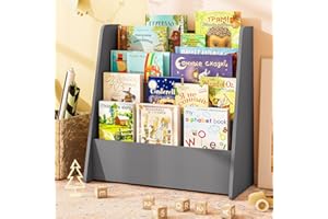 Maxmass Wooden Kids Bookshelf, Sling Children Bookcase with Deep Compartments, Toddler Book Display Rack for Kids Room Playroom Nursery Kindergarten (Gray, 4 Tier: 58 x 27 x 60 cm)