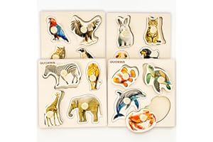 QUOKKA Wooden Puzzles for 1 2 3 Years Old – 4 Set Educational Peg Jigsaw Puzzles for Kids – Realistic Animal Learning Toys – Gift Game for Toddler Boy and Girl