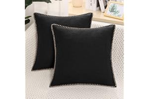 decorUhome Set of 2 Linen Cushion Covers 45X45cm,Decorative Outdoor Plain Vintage Cushion Covers with Stitched Edges, Square Farmhouse Neutral Pillow case 18x18 Inch for Sofa, Black