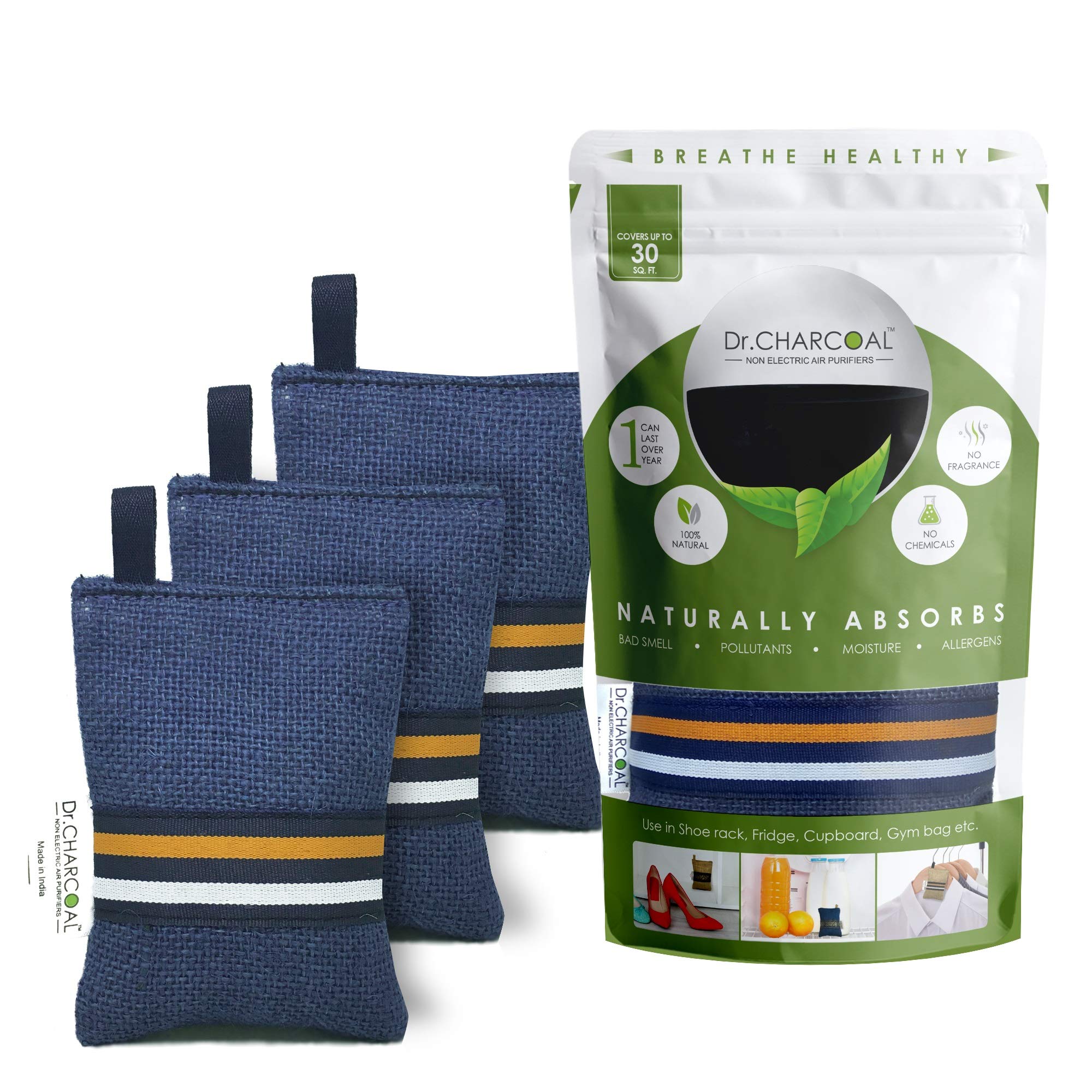 Dr. CHARCOAL Non-Electric Air Purifier, Deodorizer and Dehumidifier for Shoe Rack, Wardrobe, Fridge, Gym Bag (75g, Pack of 3,