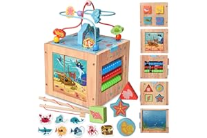Achiyway Cubo Multiattivita in Legno,7 in 1 Cubo di Abilità Motorie,Giocattoli Montessori per Bambini, con Labirinto, Puzzle, Abaco, Giochi di Pesca,Regalo Bambini di 1 2 3 Anni