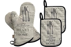 GREVY 1 Paar Lang Ofenhandschuhe 32 cm, mit 2 Hitzebeständige Topflappen set 18*23 cm(1 Paar und 2 Topflappen)