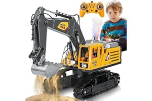 FUYLEY Pelles Télécommandées pour Garçons, 14 Canaux 2,4 GHz avec Lumière,Son, Pulvérisation, Tête d'excavation en Métal, Jouets de Construction RC Cadeau avec Rotation à 680° pour Enfants