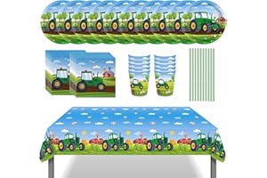 LOEPENLE 51Pcs Traktor Partygeschirr Kindergeburtstag,10 Gäste Traktor Partei Dekorationen Themed Birthday Party Supply Geburtstags Party mit Teller Tassen Servietten Strohhalme Tischdecke