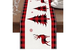 PATIMATE Camino de Mesa Navideño, Camino de Mesa de Lino Rojo Navidad con Estampado de Copos de Nieve y Alces de árbol de Navidad, Adornos Navideños Largo para Decoración Mesa de Cena Navidad (230 x 33cm)