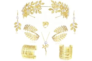 LOFITOR 9-teiliges Griechische Göttin Set Damen - Goldener Lorbeerkranz Kopfschmuck + Blatt Armreif Perlen Ohrringe Halskette Blattring für Hochzeit Cosplay Festlichkeiten
