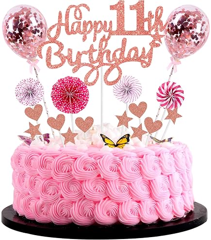Festone Olografico Rosa Happy 11th Birthday, 11 Bandierine, Lunghezza 3,9 M - 2