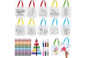 TIANCONGYUN 12 Stück Taschen zum Bemalen für Kinder und 6 Stück Stapelbare Wachsmalstifte (12 Farben in 1), Taschen Bemalen Kindergeburtstag, Stoffbeutel zum Bemalen für Kinder für Kindergeburtstag Gastgeschenke