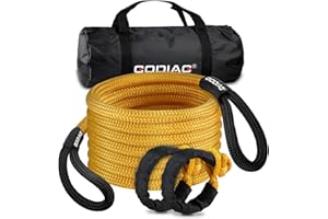 GODIAG Kinetic Recovery Rope, Recovery & Tow Rope Strap, Offroad Power Stretch Snatch Rope, Vehicle Recovery Rope, Tow Rope with 2 Soft Shackles (1in x 20ft Yellow) for Jeep Car Tractor ATV UTV SUV
