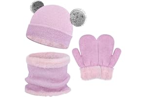 QKURT Kids Winter Warm Beanie Hats Snood Gloves Set, 3 in 1 Thicken Fleece Thermal Girls Skull Cap Scarf Mittens Set Super Soft Cap Neck Warm Gloves for 3~6 Years Old Children Girls Boys