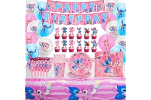 FGEN 104 Pièces Stitch Anniversaire Vaisselle Kit, Vaisselle Anniversaire Enfant, Inclure: Nappe, Assiette, Tasse, Serviette en Papier, Ballons, pour Décorations de Fête d'anniversaire, 10 personne
