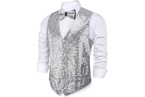 Barry.Wang Mens Sequin Shiny Waistcoat Bowtie Set Sparkly Casual Suit Vest Festival Disco Party Prom