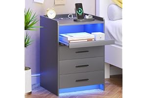 FREDEES Grey Bedside Table with Charging Station and Led Lights, Bedside Cabinet with 3 Drawers, Modern Nightstand with Storage for Bedroom, Living Room