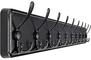 SKOLOO Garderobenleiste Holz, Vintage, Stabile Kleiderhaken Wand mit 10 Dreifachhaken, zum Aufhängen von Kleidung, Mantel, Hüten, Jacken, Rucksack, Hakenleiste Holz,Voll Schwarz