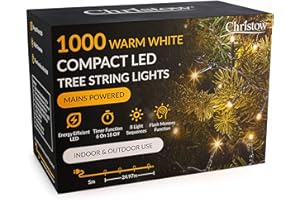 CHRISTOW 7ft Christmas Tree Lights, 1000 Warm White LED Fairy Lights with Timer, 8 Light Modes, Energy Efficient 3mm LEDs, Indoor & Outdoor, Mains Powered, Green Cable (24.97m Lit Length)