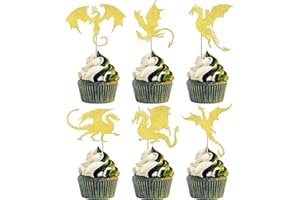 SYKYCTCY 24 Stück Drachen Tortendeko Glitter Fantasie Geburtstag Cake Toppers für Fliegende Drachen Thema Baby Dusche Kinder Geburtstag Party Kuchen Dekorationen Zubehör Gold