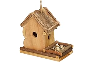 Relaxdays Casetta Decorativa per Uccelli con Mangiatoia, Casa per Uccellini da Esterno, 21x21x12,5 cm, Legno, Naturale
