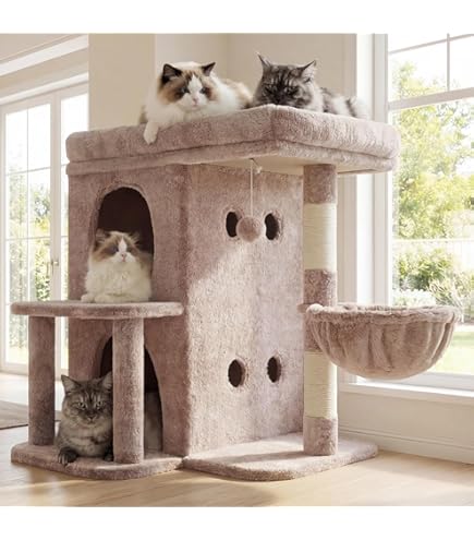 Luxe krabpaal met krabton met 2 verdiepingen, kattenboom met kattenslaaphuis, sisalplank, afneembaar bed & speelbal, stabiel kattenmeubel voor meerkattenhuishoudens, klimboom, activiteitsboom Luxe krabpaal met krabton met 2 verdiepingen, kattenboom met kattenslaaphuis, sisalplank, afneembaar bed & speelbal, stabiel kattenmeubel voor meerkattenhuishoudens, klimboom, activiteitsboom