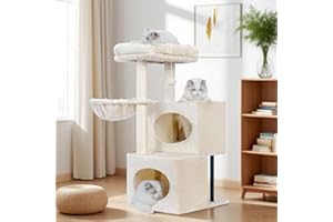 Heybly Kratzbaum, 92 cm Gestufter Kleiner Kratzbaum mit Großem Plateau, 2 Schlafplätzen, Vollständig Sisalumwickelten Säulen und Plüsch-Pompom mit Glocke, Ideal für Indoor, Beige HCT201SM