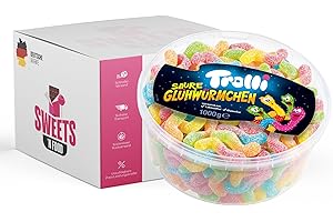 Trolli Saure Glühwürmchen - Explosiv-Saurer Geschmack, 1kg Wiederverschließbare Dose - Saure Würmer | Mit stylishem SWEETS´N FOOD Packband verpackt