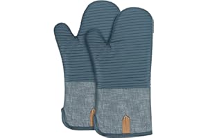 ‎BONTHEE BONTHEE Ofenhandschuhe Topfhandschuhe Extra Lang Baumwolle kochhandschuhe mit Anti-Rutsch Silikon Gestreift backhandschuhe für Kochen Backen Grillen - 2er Set - Blau
