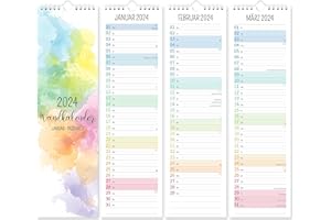INDEME Streifenkalender 2024 - Kalender 2024 Wandkalender von Januar bis Dezember, Kalender 2024 mit Notizen, 12 x 42 cm, Sieben Farben