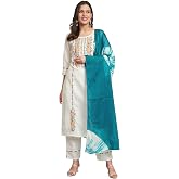 VredeVogel Women's Cotton Blend Kurta Pant Set with Chanderi Silk Dupatta