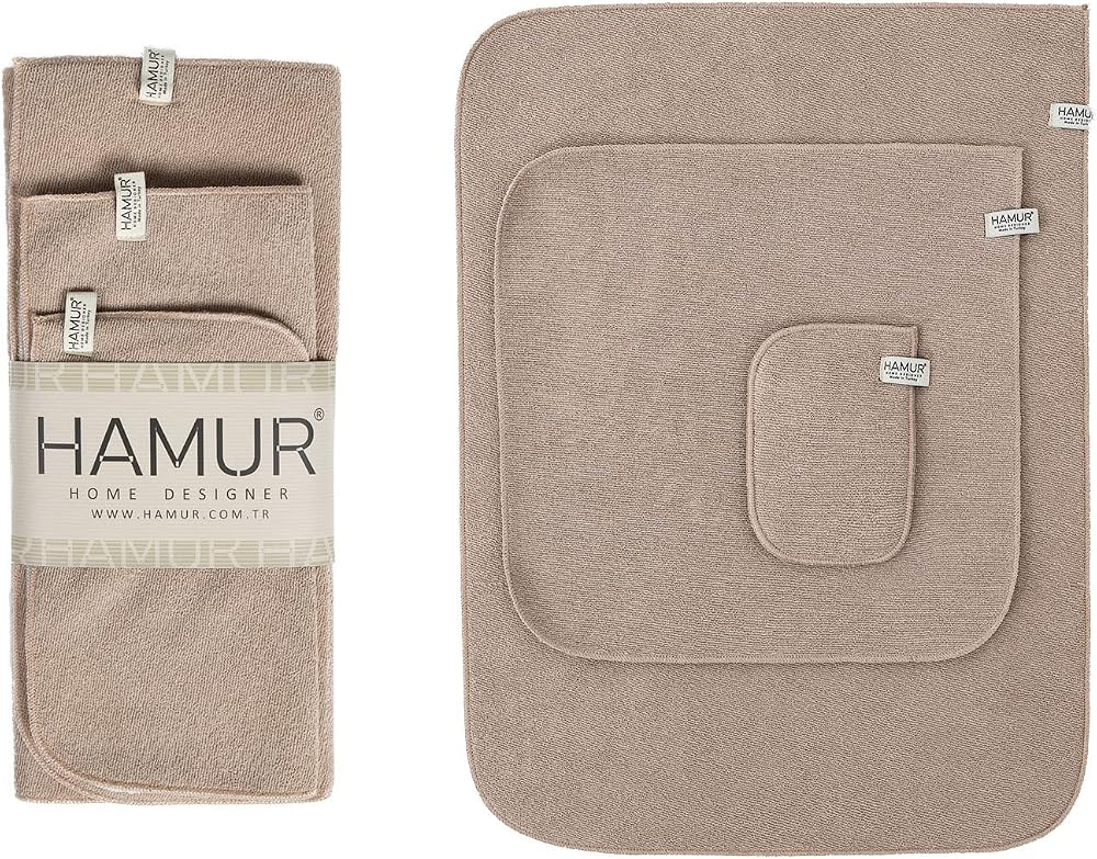 Bej-gri Microwell 3 Prç Set Microfiber Bulaşık Kurutma Matı Mutfak Seti 3'lü Kurulama Bezi Örtüsü