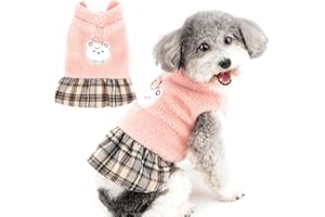 Zunea Robe d'hiver pour Petite Chien - Pull-Overs Douillet en Polaire Chaude Manteau Vêtements avec Anneau en D pour Temps Froid - Jupe à Carreaux Motif Ours Mignon - Robe Pull Rose S
