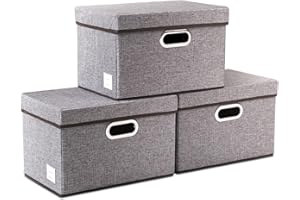 PRANDOM Foldable Storage Boxes with Lid, Linen Fabric, Decorative Storage Box, Organiser Container, Bedroom, Wardrobe, Living Room, Grey, 3 Pack, 38 x 25 x 25 cm