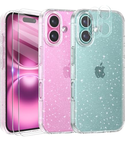 LeYi Cover Per IPhone 16 Con Glitter E Vetro Temperato [2 Pezzi] - Custodia Rigida Con Bumper In Silicone, Viola/Blu Gradient