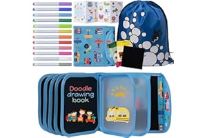 Kidpolis Abwischbares Malbuch für Kinder, Tragbares Graffiti Zeichenbrett, Reisespiele Doodle Pad mit Kordelzugbeutel, 12 Farbstiften, 14 Seiten für 3 4 5 6 7 8 jährige Jungen Mädchen Geschenk