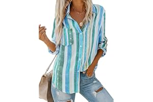 Breampot Womens Summer Blouses Casual Striped V Neck Tunic Tops Long Sleeve Button Down Shirts
